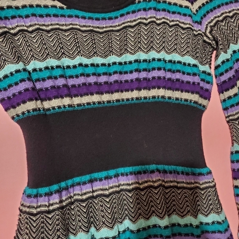 Vintage Iconic Y2K 00s 2000s Scalloped Stripped Knit Dress Preppy Long Sleeve - Picture 4 of 7